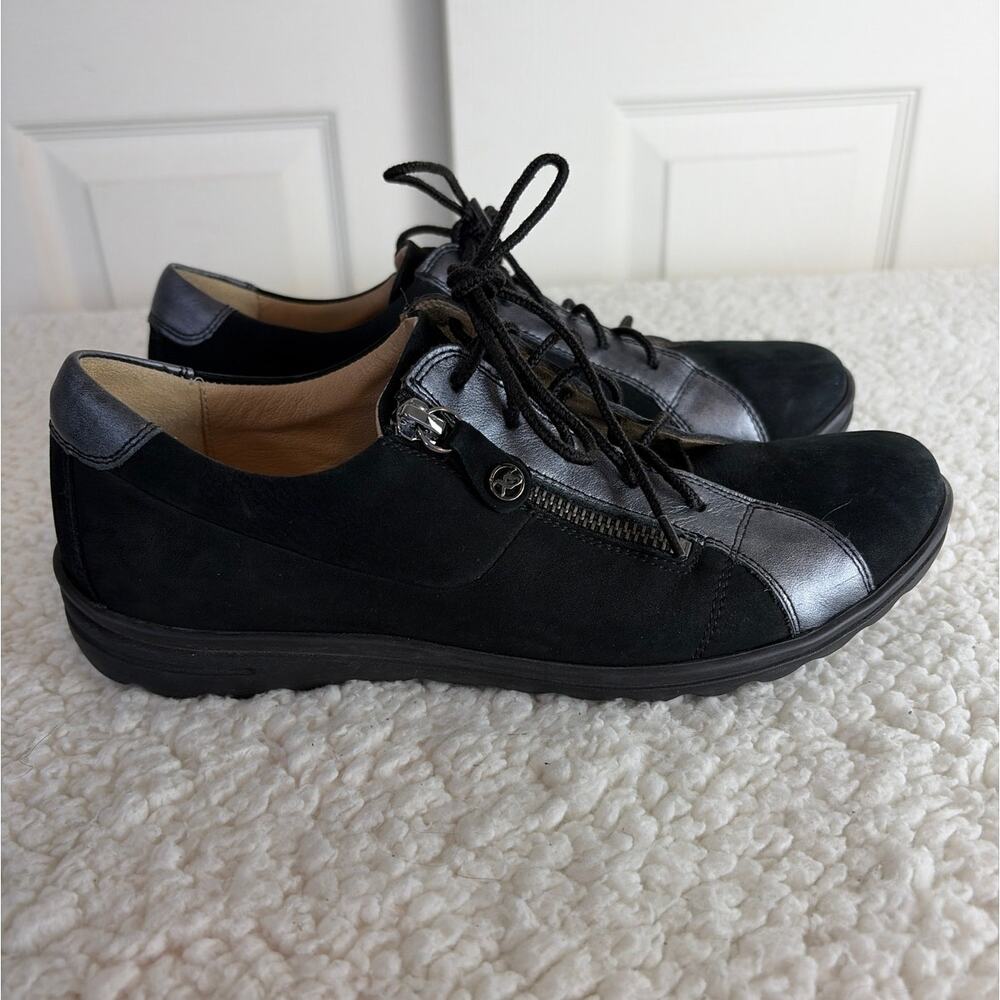 Hartjes Womens Shoe Size 5.5 Casual Side Zip Lace Up Sneaker Black Suede Leather